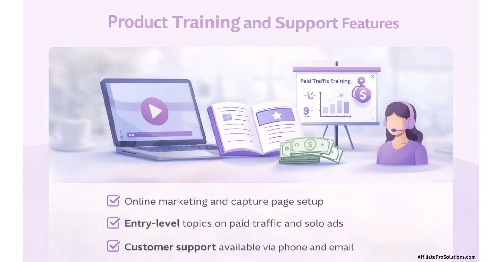 Product Training and Support Overview Digital Wealth Pros training and support features including video training, basic marketing guidance, and customer support