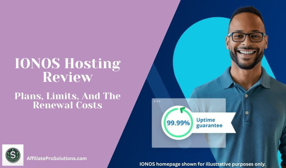 IONOS Hosting Review header image showing plans, limits, and renewal costs