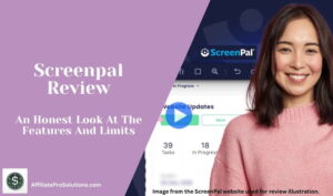 ScreenPal Review header image showing a woman beside a ScreenPal website screenshot with text about the features and limits