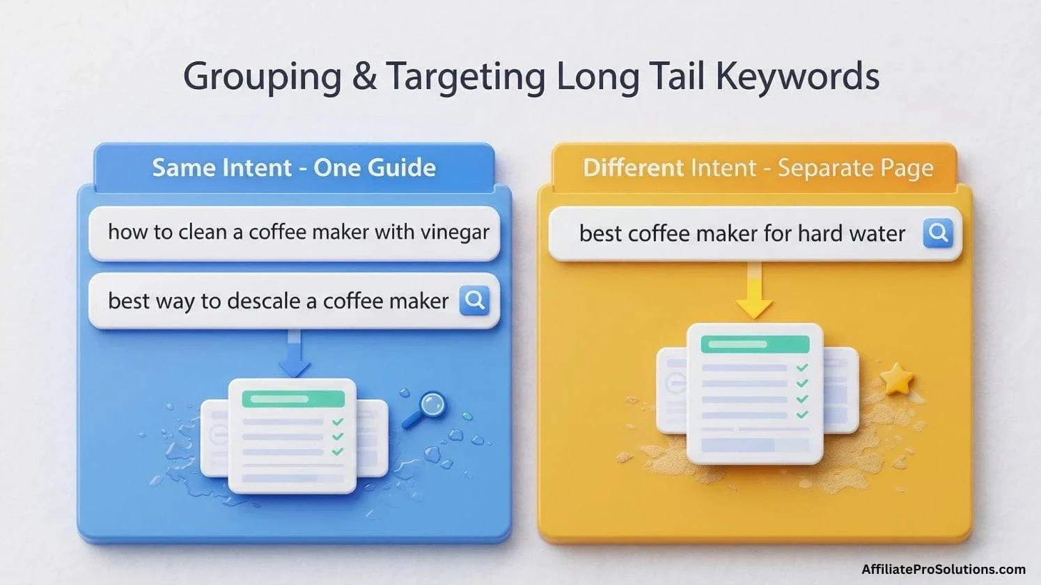 Grouping And Targeting Long Tail Keywords Diagram Showing Same Intent Keywords In One Guide And Different Intent Keywords On A Separate Page