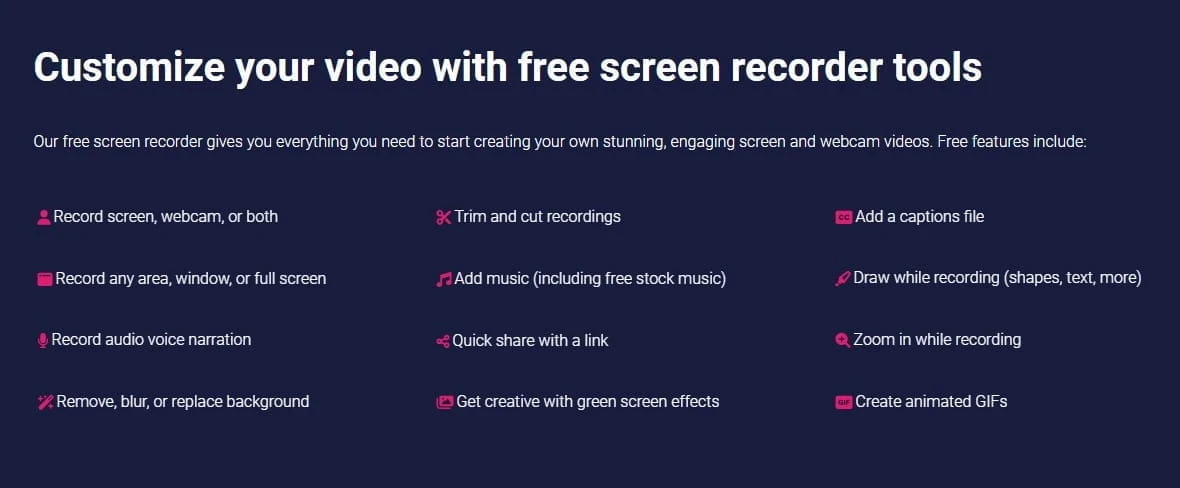 ScreenPal Review Editing Tools ScreenPal Review image showing ScreenPal editing tools for trimming, captions, music, drawing, zoom, and GIFs