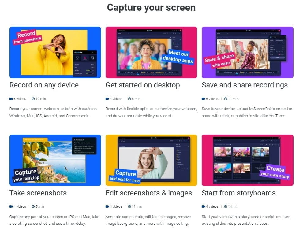 ScreenPal Review Features Overview ScreenPal Review image showing screen recording, screenshots, editing, sharing, and storyboard features
