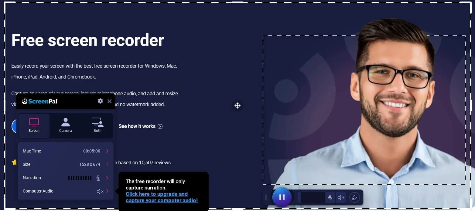 ScreenPal Review Free Plan Limitations ScreenPal Review image showing the ScreenPal free recorder and the computer audio upgrade limit