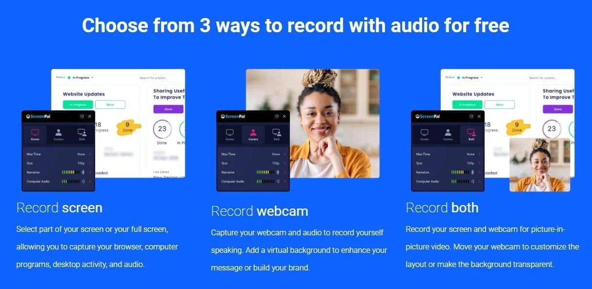 ScreenPal Review Recording Options ScreenPal Review image showing ScreenPal recording options for screen, webcam, and both together